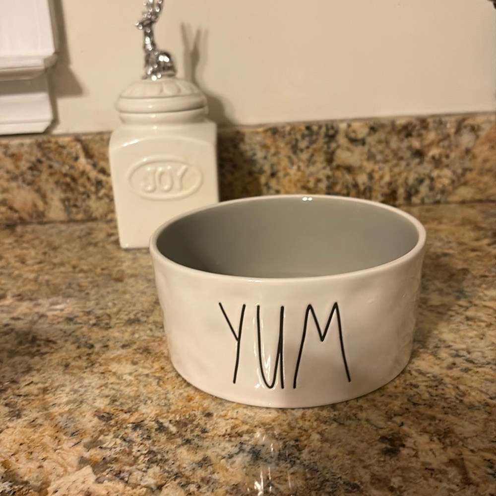 Rae Dunn Yum Ceramic Dog / Pet Bowl with Gray Interior